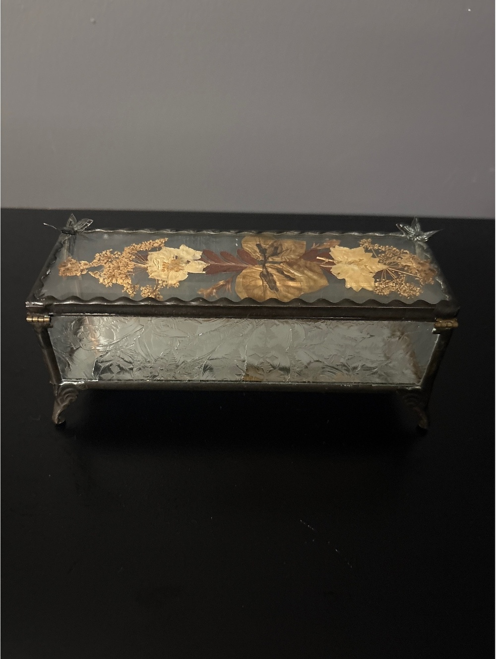 Vintage 1980s "Stained Glass by Linda" Footed Trinket Box Real Pressed Flowers